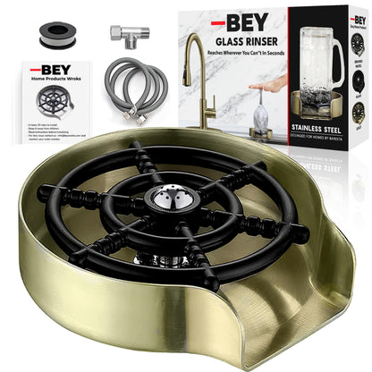 BEY Automatic Glass Rinser - Powerful Cup Washer for Kitchen Sink, Stainless Steel Baby Bottle Cleaner Sinks Attachment, Bar Accessories Spray Metal