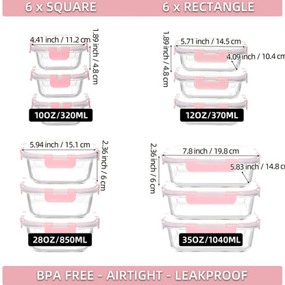 24pcs (12 Lids+12 Glass Bowl) Borosilicate Glass Food Storage Containers with Airtight Lids, Ideal for Meal Prep, Lunches - Microwave and Dishwasher Safe