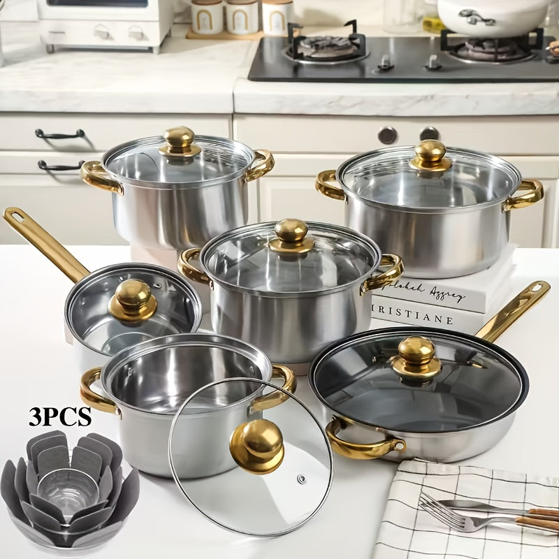 12/10/1pc Stainless Steel Cookware Set, Deep-Sided Pots with Lids And Dual Handles, Ideal for Soup, Hot Pot, Pasta, And Seafood Stews, Suitable for Oven, Perfect for Home And Restaurant Cooking. It Is The Best Choice for Gifting
