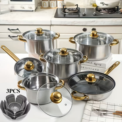 12/10/1pc Stainless Steel Cookware Set, Deep-Sided Pots with Lids And Dual Handles, Ideal for Soup, Hot Pot, Pasta, And Seafood Stews, Suitable for Oven, Perfect for Home And Restaurant Cooking. It Is The Best Choice for Gifting