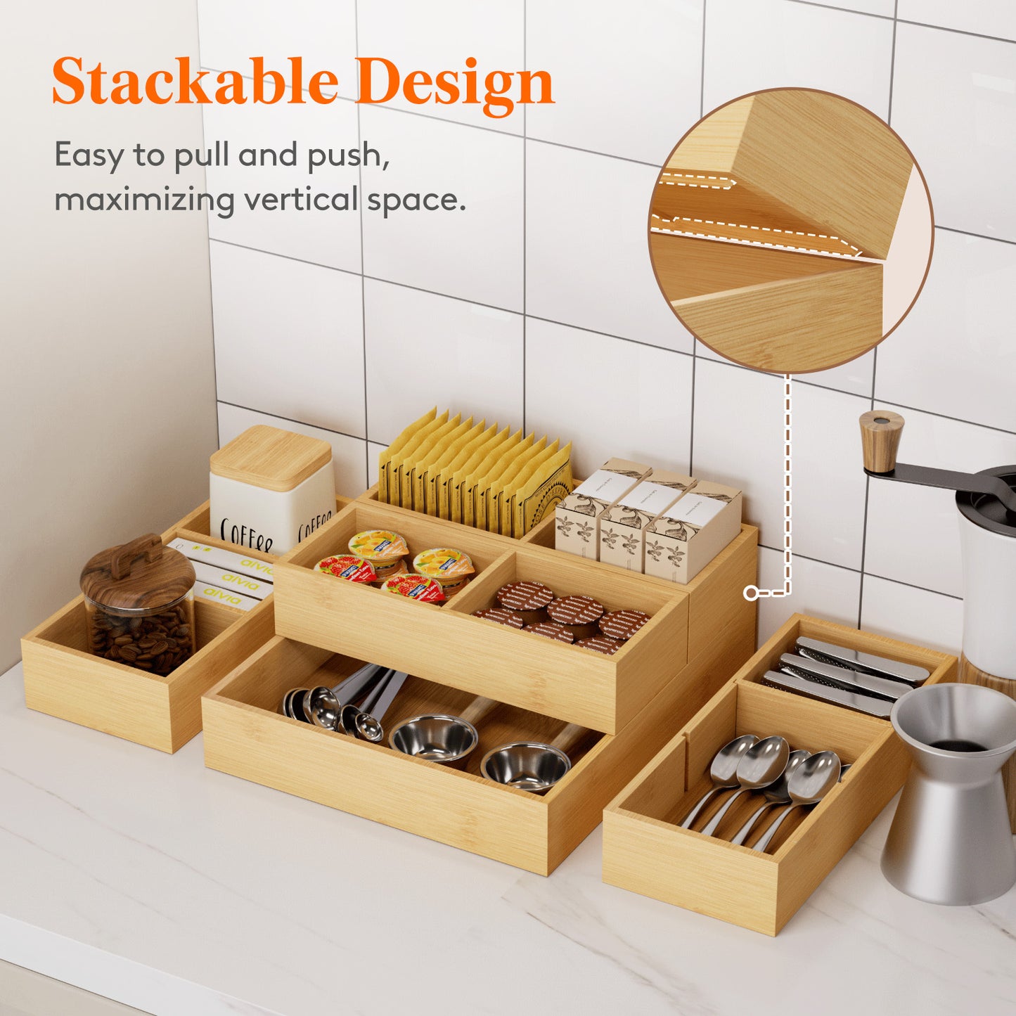 Adjustable Bamboo Wooden Drawer Dividers, Drawer Organizers, Stackable Storage Box for Utensils, Silverware, Makeup, Junk in Kitchen/Bathroom/Office/Vanity