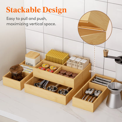 Adjustable Bamboo Wooden Drawer Dividers, Drawer Organizers, Stackable Storage Box for Utensils, Silverware, Makeup, Junk in Kitchen/Bathroom/Office/Vanity