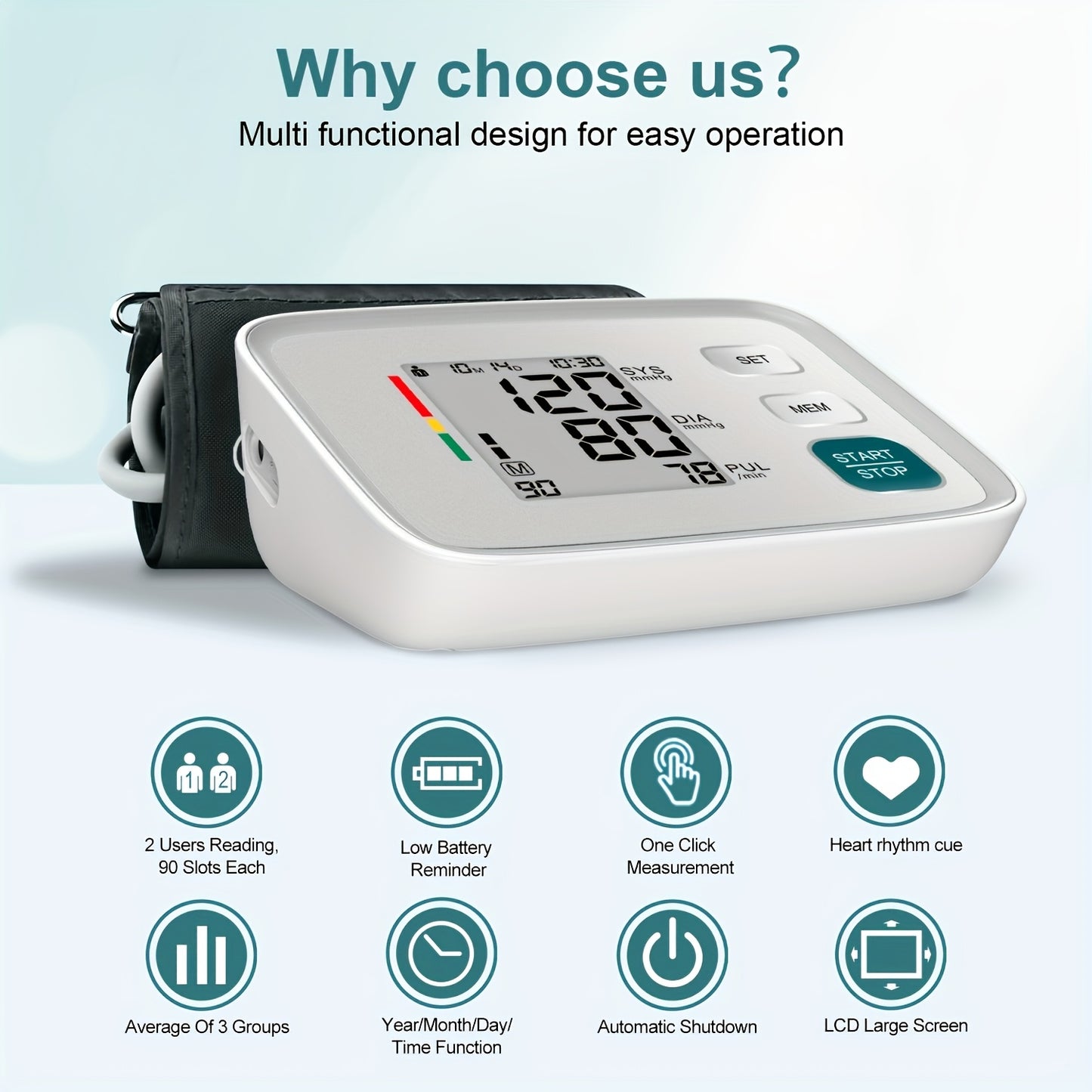 1pc ALPHAMED U80E Automatic Upper Arm Blood Pressure Monitor with Adjustable Cuff 8.7-17 Inch, Digital Sphygmomanometer, 2 X 90 Group Memory, Battery Operated (Batteries Not Included)