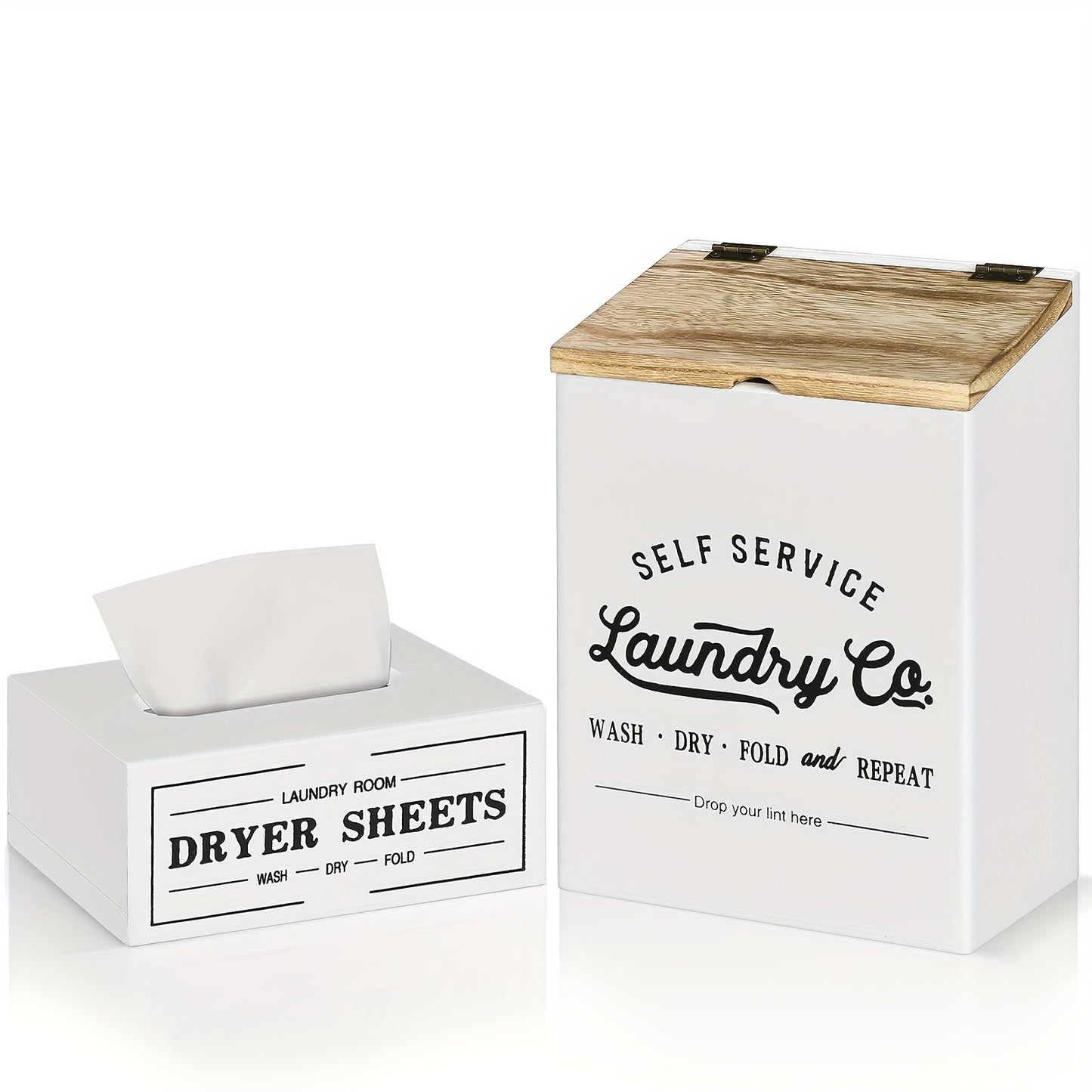 Set of 2 Magnetic Lint And Dryer Sheet Holder Set for Laundry Room, Farmhouse Wooden Lint Trash Can with Lid And Dryer Sheet Dispenser Box Magnetic for Mounting on Dryer, Wall Mounted Lint Box Holder Trash Can with Lid for Dryer, Lint Basket