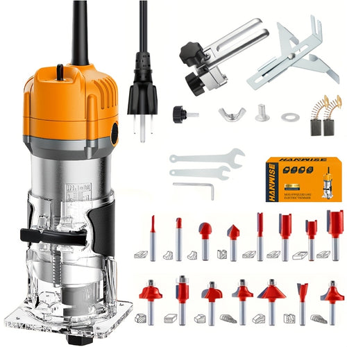HANWISE Compact 800W Wood Router, 35000RPM, Router Power Tool with 15 1/4 Inch Routers, Used for DIY Woodworking, Slotting, Carving, Precise Edge Trimming And Contour Processing, Rotary Tool, Woodworking Tools, Valentine's Day Gift, Birthday Gift