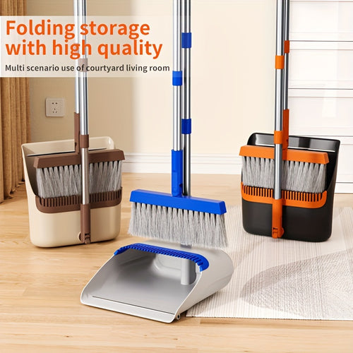 Folding Broom and Dustpan Set 50 Inch Extended Handle - Dense Elastic Bristles Wide Deep Dustpan for Dust Hair Debris, Foldable Broom for Home Kitchen Bathroom Bedroom Living Room, Blue White Black Orange Khaki