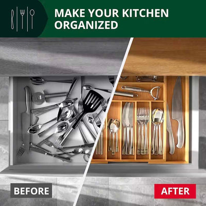 Bamboo Drawer Organizer Expandable - Adjustable Silverware Tray, Cutlery And Utensil Holder for Kitchen Drawer, Multi-Use Storage Tray for Office, Home