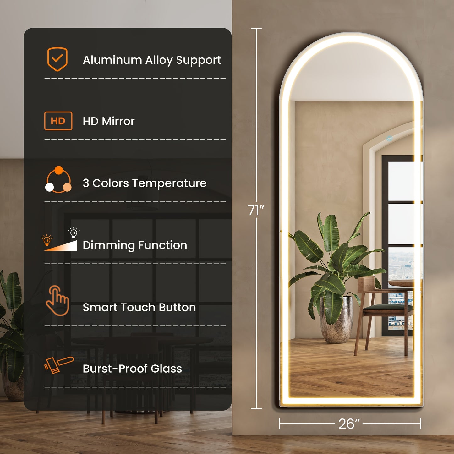 LED Lighted/Not-LED Lighted Full-Length Mirror with Arched/Rect Top - Aluminum Frame Floor-Standing Dressing Mirror for Bedroom & Living Room, Black/Golden/White
