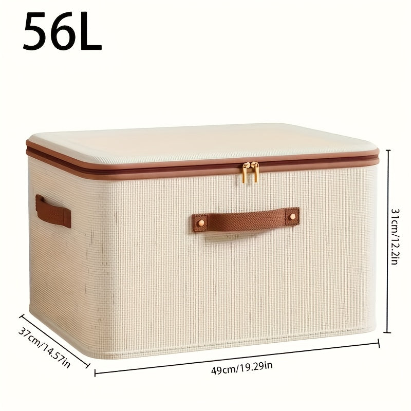 LDQ Large-Capacity Foldable Linen Storage Box with Double Zippers And Imitation Leather Handles – Heavy-Duty Modern Foldable Storage Basket with Lid, Beige Woven Texture, Suitable for Bed, Clothing, Laundry, Moving – Sturdy Linen Construction