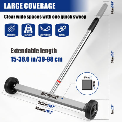 AUTOVAUNT 17-Inch Rolling Magnetic Sweeper with Wheels Pick Up Tools | Telescoping Adjustable Handle 15" to 38" Father's Day Gift for Dad Husband 8.8-Pound Capacity Heavy-Duty Magnet to Pick Up Screws Nails Gaskets Nut, Ect. Father's Day Gift for Dad