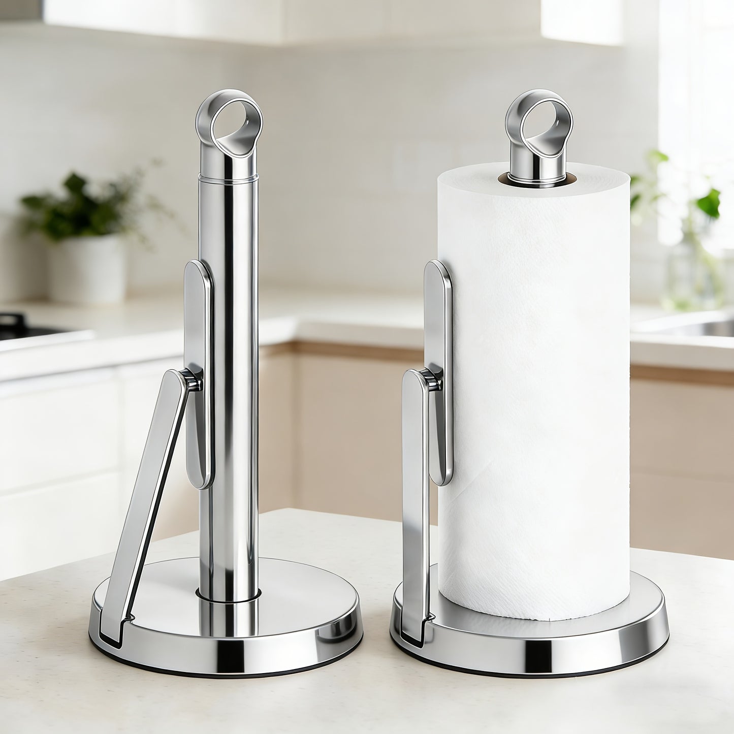 Heavy-Duty Stainless Steel Paper Towel Holder with Tension Arm-Easy One-Handed Tear, Modern Standing Countertop Dispenser for Kitchen, Holds All Paper Towel Rolls