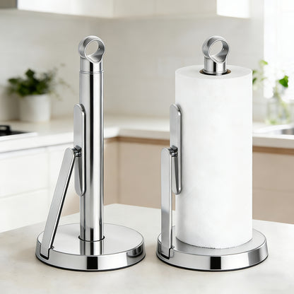 Heavy-Duty Stainless Steel Paper Towel Holder with Tension Arm-Easy One-Handed Tear, Modern Standing Countertop Dispenser for Kitchen, Holds All Paper Towel Rolls