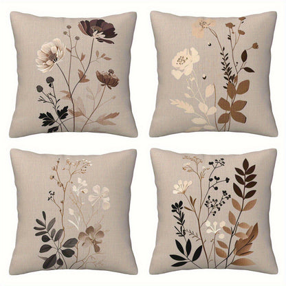 4pcs Modern Floral Throw Pillow Covers - Elegant Botanical Square Cushion Cases in Beige, Brown & Gray with Zip Closure, Machine Washable for Living Room, Bedroom & Sofa Decor, Contemporary Style, Decorative Pillows