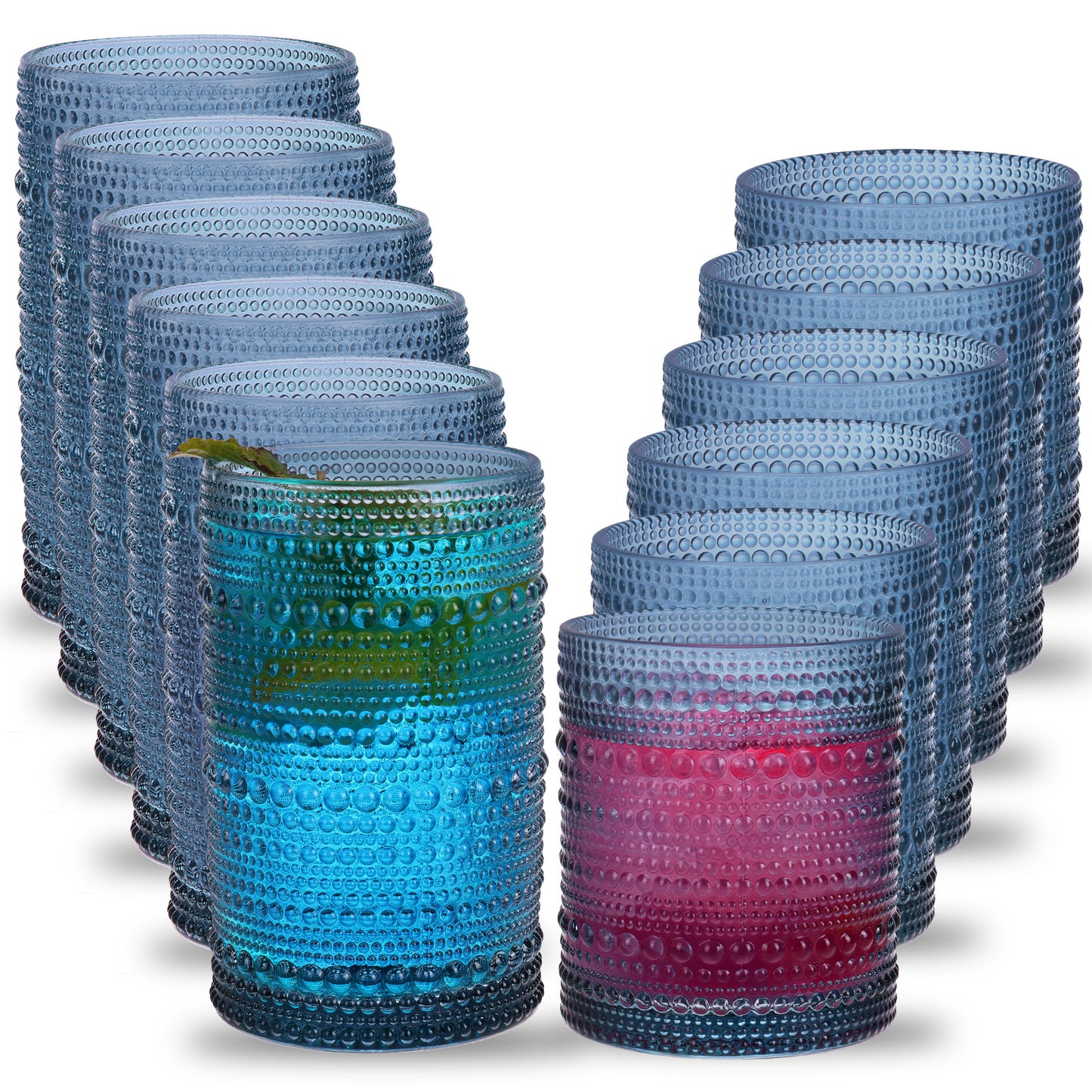 WHONLINE 12 PCS Hobnail Drinking Glasses, Party Cup,12 Oz Highball Glasses & 10 Oz Glasses, Embossed Boho Glass Cups Kitchen Tumbler Glassware For Tea, Beer, Juice, Milk, Hand Wash Only (Dishwasher Can Cause Fading)