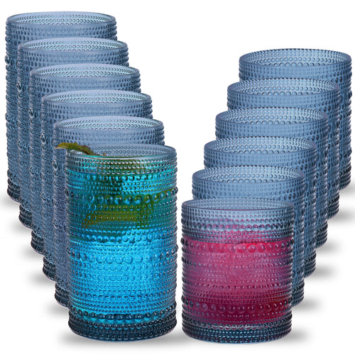WHONLINE 12 PCS Hobnail Drinking Glasses, Party Cup,12 Oz Highball Glasses & 10 Oz Glasses, Embossed Boho Glass Cups Kitchen Tumbler Glassware For Tea, Beer, Juice, Milk, Hand Wash Only (Dishwasher Can Cause Fading)