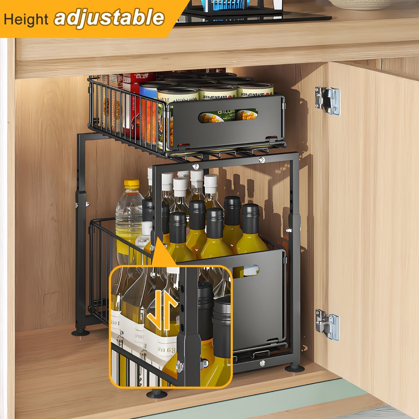 [1pc Black Pull Out Drawer] 1pc Black Pull Out Drawer For Kitchen Cabinet, 2-Tier No Drill Roll Out Organizer, Space-Saving Cabinet Organizer For Home Kitchen Use, Slide Out Shelves For Pantry Storage