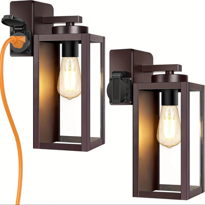 Porch Lights Outdoor, Modern Outdoor Wall Lights Exterior Lighting Fixtures, 2-Pack with Outlet, Outdoor Wall Sconces Outside Lights for House Front Door Garage, Black