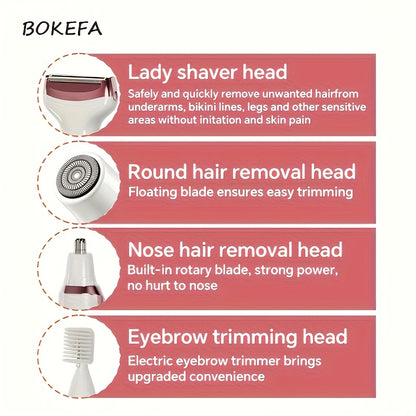 Rechargeable Electric Razor for Women, 4-in-1 Painless Grooming Kit, Wet & Dry, Face Nose Legs Underarm Bikini Trimmer, Portable & Rechargeable