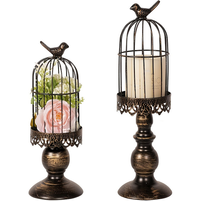 Birdcage Candle Holders Set of 2, Vintage Metal Candlestick Holders with Polished Finish — Wedding Table Centerpieces, Home Decor & Christmas Decoration | Black & White