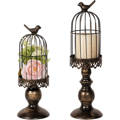 Birdcage Candle Holders Set of 2, Vintage Metal Candlestick Holders with Polished Finish — Wedding Table Centerpieces, Home Decor & Christmas Decoration | Black & White