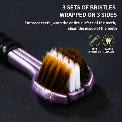 360 Toothbrush 2-Pack – Three-Head Design with Soft & Hard Nylon Bristles, 360° Cleaning, Tongue Coating Removal, Seamless Design for Braces, Bridges & Implants, Fresh Breath Oral Health Care