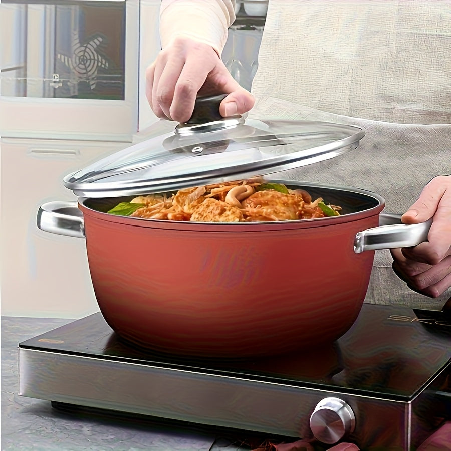 Red Non-Stick Cooking Pot with Lid, 10-Inch Stone-Derived Stock Pot with Iron Core for Even Heating, Induction-Compatible for Stewing, Boiling And Family Dinners, Ideal for Home Cooks And Holiday Gifts