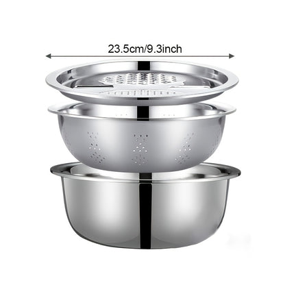 Set of 3 Stainless Steel Kitchen Tools Featuring a Built-In Grinder, Versatile Filter, And Mixing Bowl - Perfect for Washing And Slicing Fruits, Vegetables, And Cheese. Ensures Food Safety with a Drainage System