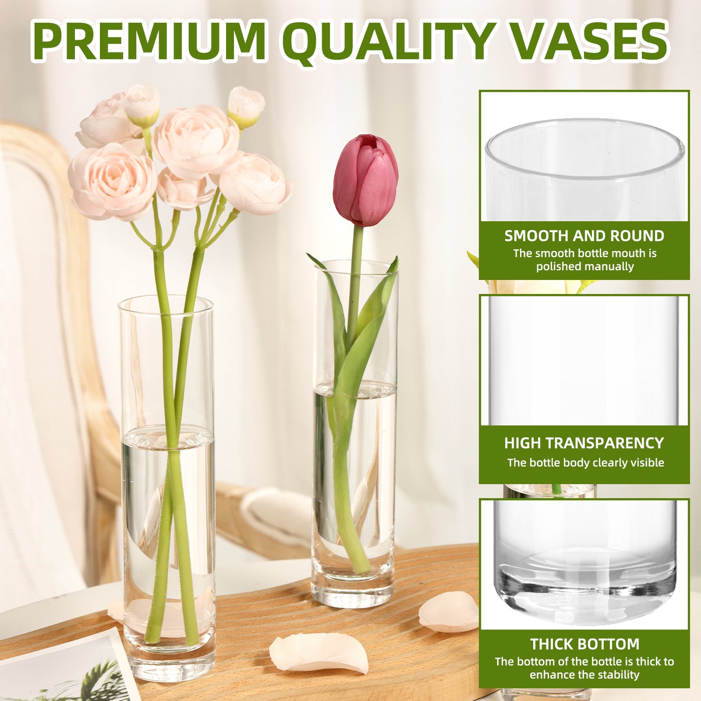 WHONLINE 15 Pcs Clear Glass Cylinder Vases, 7.5 Inch Tall, Glass Flower Vase Centerpieces, Glass Flower Vase, Hurricane Floating Candle Holder Vase for Table Shelf, Party, Wedding, Home Decor, Collectible Buildings & Accessories
