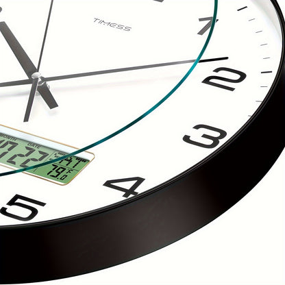 TIMESS Round Analog Wall Clock, ABS & Polycarbonate, Calendar Display, Fahrenheit Temperature, Silent Mechanical Movement, for Bedroom Office School, 10/12/14 Inch, Black
