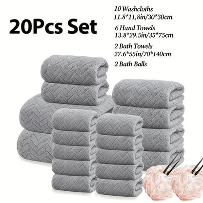 18/20pcs Bath Towel Set, Enlarged Women'S And Men'S Coral Fleece Bath Towels, 100% Microfiber Bath Towel Set, Absorbent, Quick Drying, Soft And Comfortable, Large Bath Towels Suitable For Home, Bathroom, Spa Or Gift, Bath Ball, Wash Cloths