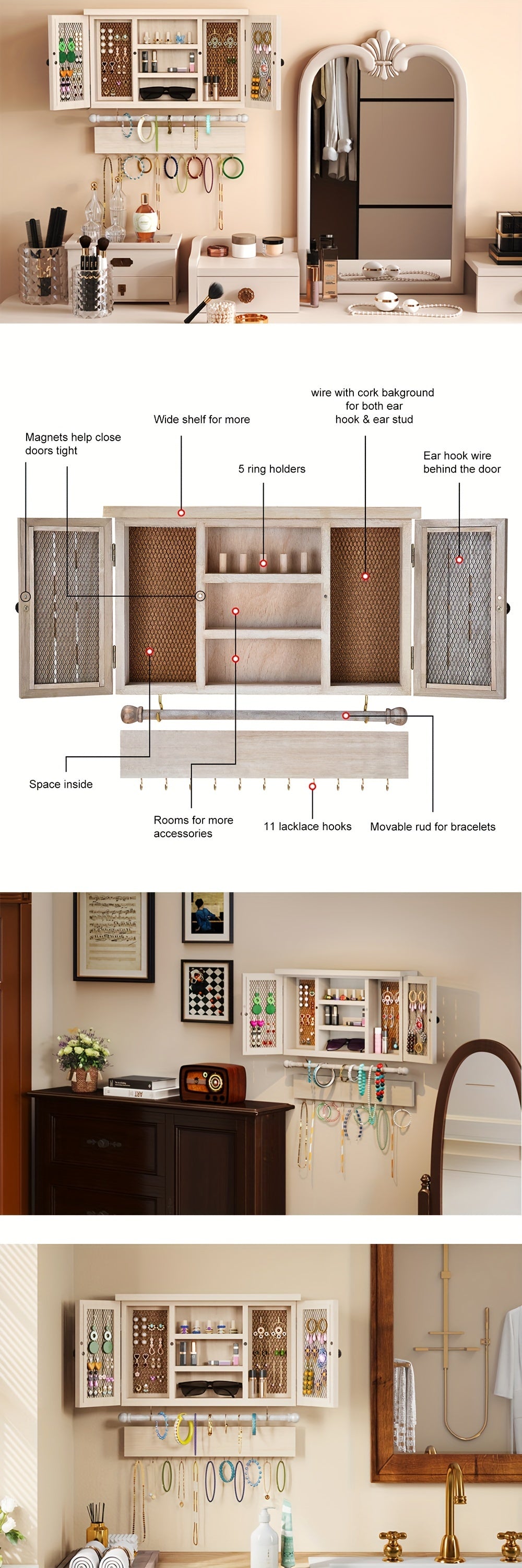 1pc Wood Wall-Mounted Jewelry Organizer with Removable Bracelet Rod & Hooks - Powder-Coated Suitable for Necklaces,, Bracelets Holder, Space-Saving Hanging Shelf for Rings, Powder-Coated for Decor,, Dressing Room, Hanging Jewelry Organizers