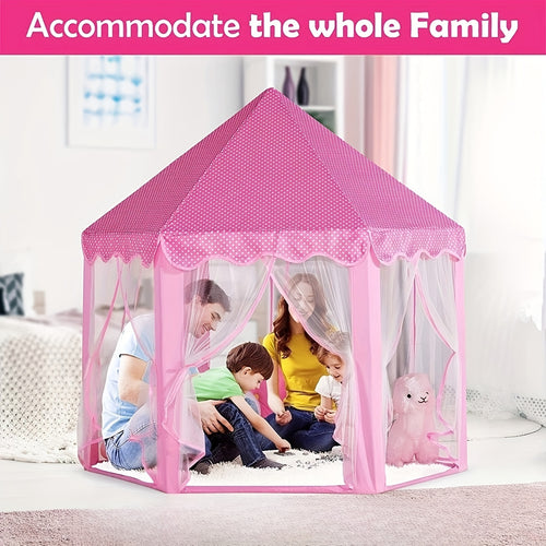 Hexagonal Shape Kids Princess Tent with Sheer Door Curtain, Spotted Flower Patterned Kids Mosquito Net, Elegant Hexagonal Kids Castle, Suitable for Indoor/Outdoor Use