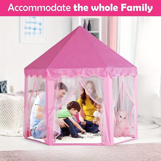Kids Princess Tent Hexagonal Play Tent with Sheer Door Curtain – Flower Pattern Mosquito Net Castle for Girls, Indoor Outdoor Playhouse Canopy Bed Tent