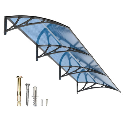 Polycarbonate Window Awning Door Canopy - UV Rain Snow Sun Protection Overhang for Doorways, Patio & Windows, Multiple Sizes, Black/Gray Bracket with Blue/Clear/Brown Board