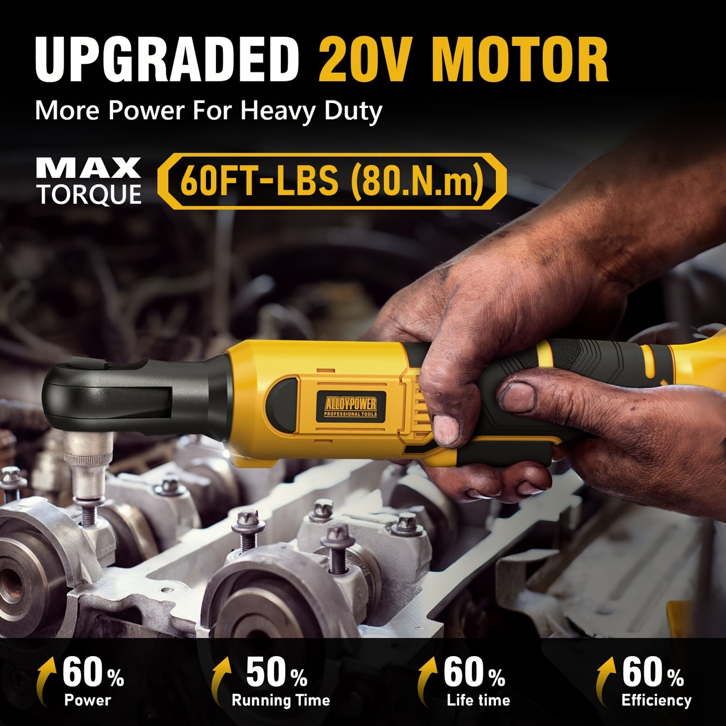 3/8" Cordless Ratchet Wrench Set, 60FT-LBS (80N.m) Electric Ratchet, 2 X 20V Chargeable Power Ratchet Wrench With Variable Speed, LED Light, 6 Sockets, 1/4" Adapter, 3" Extension Rod