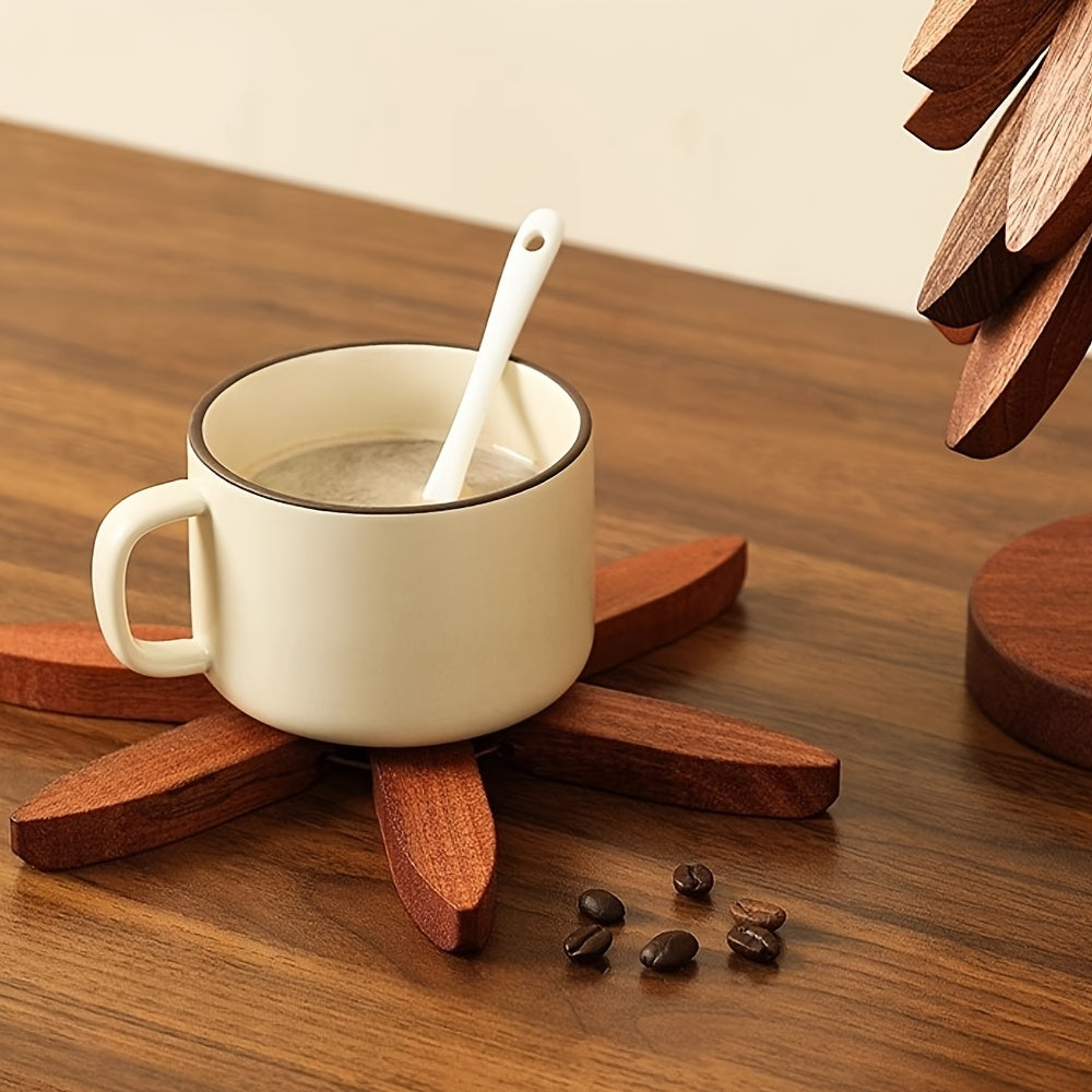 Solid Wood Heat Insulation Mat Set, Heat-Resistant Table Mats, Tree-Shaped Design, High-Quality Exquisite Coasters for Home Use, Heat-Resistant Tableware Mats, Natural Foldable Wooden Kitchen Tripod, Suitable for Hot Dishes, Pots, Bowls, And Teapots