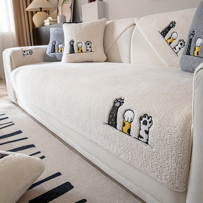 1pc Thickened Sherpa Sofa Couch Cover with Embroidered Cute Cat Paw , Thick Plush Seat Cushion Protector, Fuzzy Non Slip Sofa Slipcover, Pet-Friendly And Machine Washable Furniture Protector, Home Decor