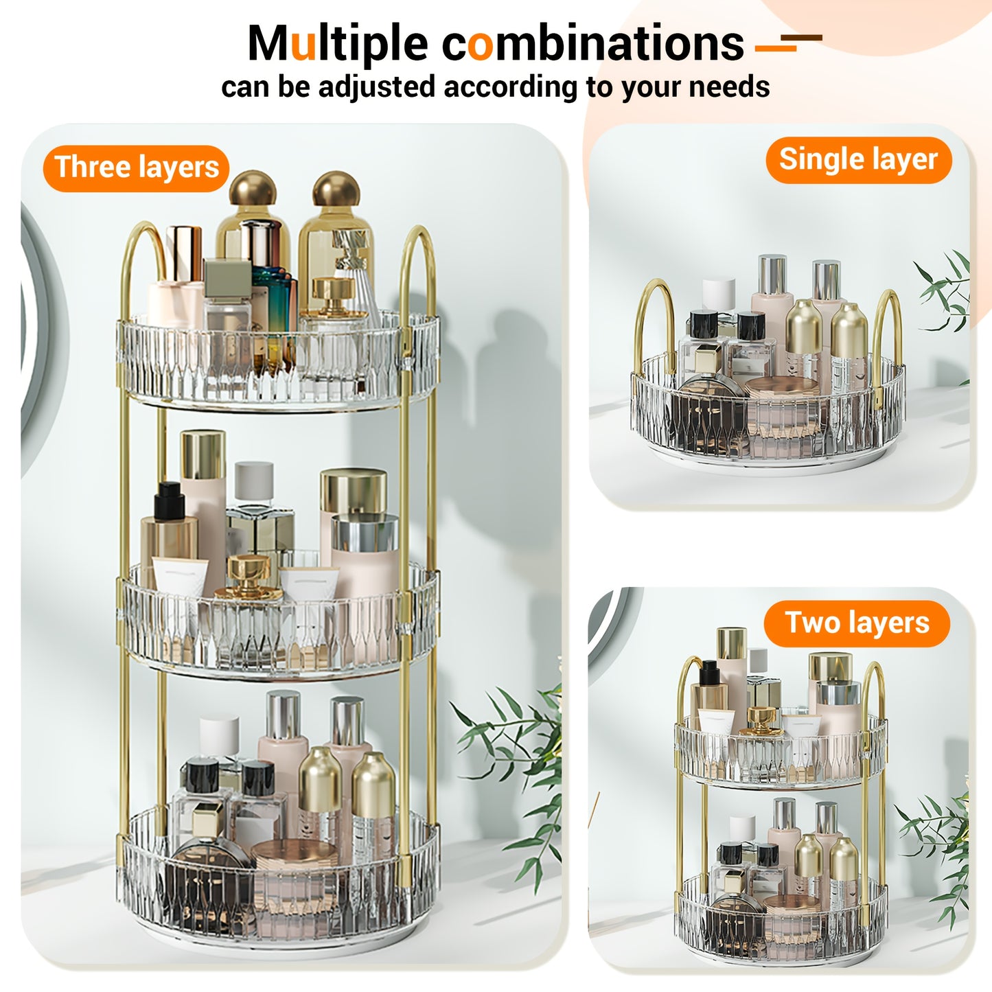 2/3 Floor Bathroom Trays 360 Rotating Makeup Organizer High-Capacity Skincare Clear Make Up Storage Perfume Organizers Detachable Multi-functional Assembly The Third Layer Comes with An Additional 2 U-shaped Hooks And 1 Tray, Bathroom Trays