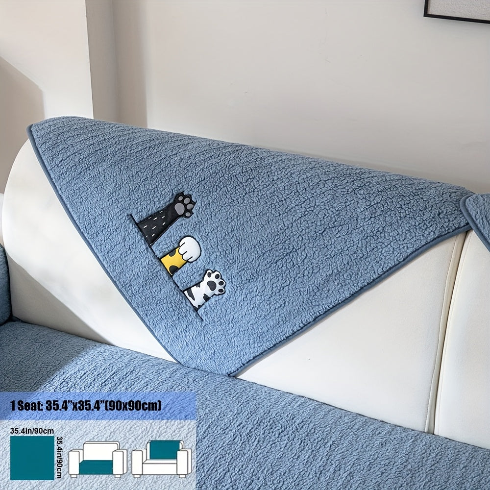 1pc Thickened Sherpa Sofa Couch Cover with Embroidered Cute Cat Paw , Thick Plush Seat Cushion Protector, Fuzzy Non Slip Sofa Slipcover, Pet-Friendly And Machine Washable Furniture Protector, Home Decor
