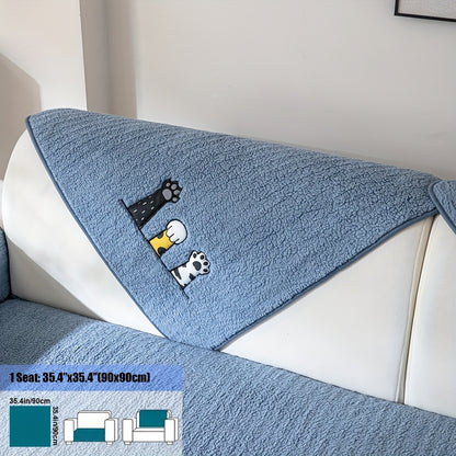 1pc Thickened Sherpa Sofa Couch Cover with Embroidered Cute Cat Paw , Thick Plush Seat Cushion Protector, Fuzzy Non Slip Sofa Slipcover, Pet-Friendly And Machine Washable Furniture Protector, Home Decor