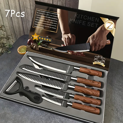 Professional 6/7pcs Cooking Utensil Set, Practical Knife, Peeler, And Scissors Made Of High-carbon Stainless Steel With Ultra-sharp Edges And Non-stick Ergonomic Wooden Handles. Chef'S Knife Set, Suitable For Family Travel, Vegetable, Meat