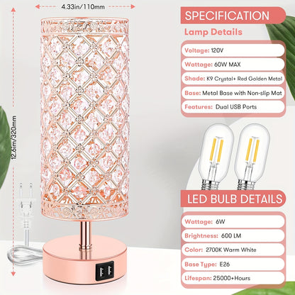 Touch Control Crystal Table Lamps With 2 USB Ports, 3-Way Dimmable Bedside Nightstand Lamps With Decorative Crystal, Small Table Lamps For Bedrooms Living Room, Office, Led Bulb Included
