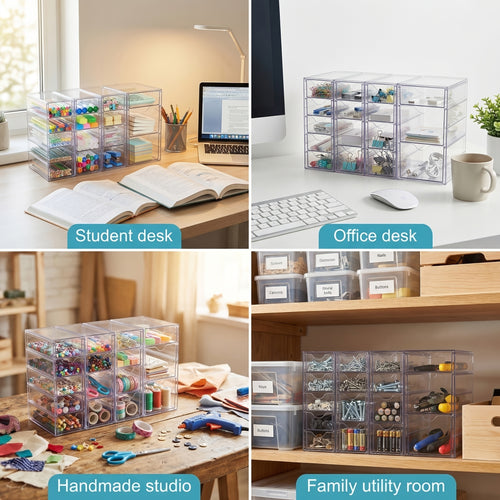 Clear Acrylic Drawer Organizer with 8 or 16 Drawers - Stackable Desktop Storage for Makeup, Jewelry, Office Supplies & Art Crafts, Modular Desk Organizer Set for Home & Office