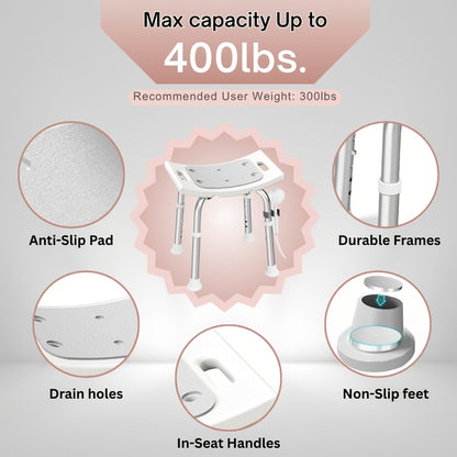 6Level Adjustable Height Shower Chair Ergonomic Aluminum Bath Stool with Extra-Wide Seat, Tool-Free Assembly Anti-Slip Feet for Elderly Disabled Pregnant Women - Ideal Gift for Bathroom Safety Post-Surgery Recovery, Shower Stool Sleek Metallic Design