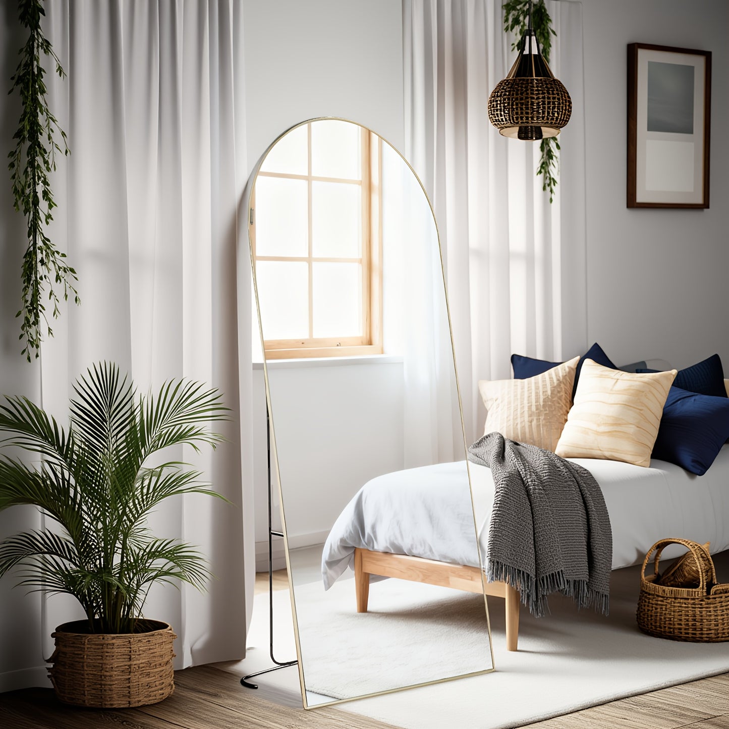Arched/Rect Full Length Mirror, Full Body Mirror With Stand, Hanging Or Leaning For Wall, Aluminum Alloy Thin Frame Floor Standing For Hotels And Bathrooms