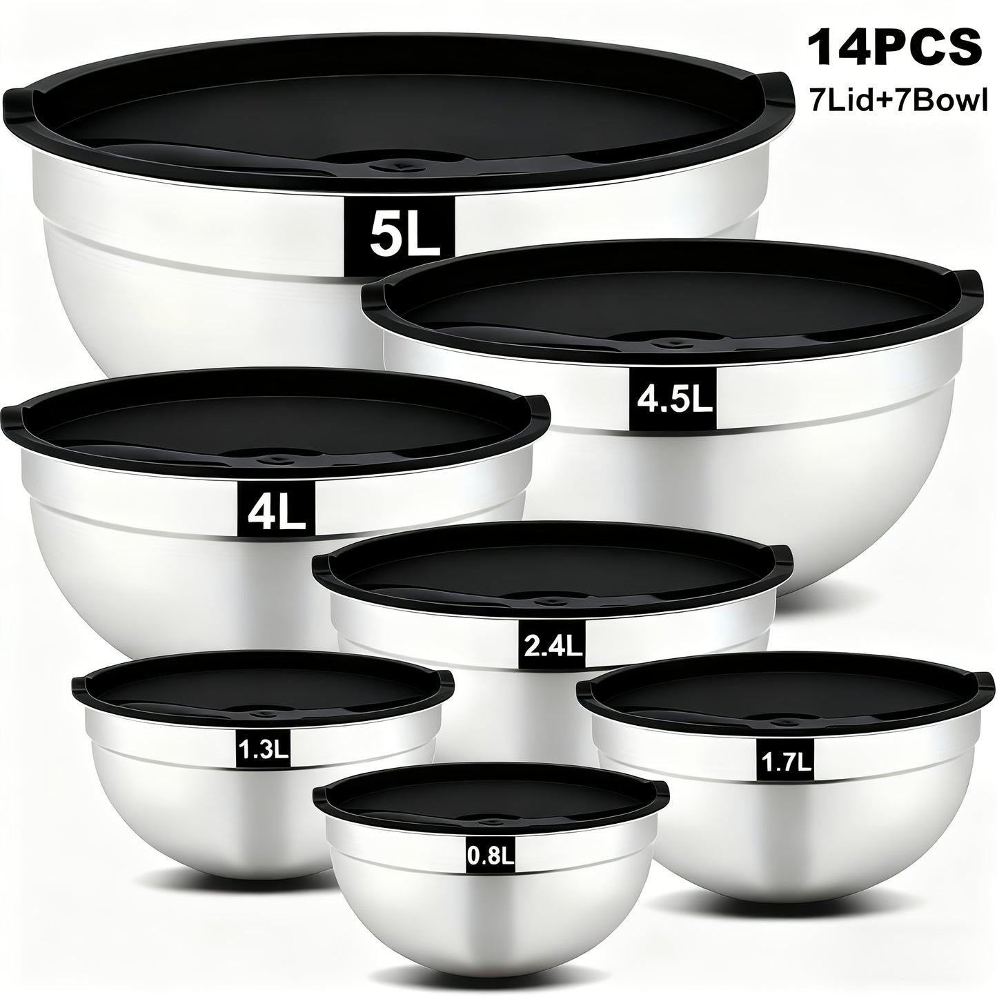 Mixing Bowl with Airtight Lid, Set Of 14 Stainless Steel Bowls (7 Bowls And 7 Lids), Sizes 4.5, 4, 3.5, 2.1, 1.5, 0.7QT, Perfect for Mixing And Serving, Stainless Steel Bowl Set, Stainless Steel Basin Set, Kitchen Utensils. Tableware.