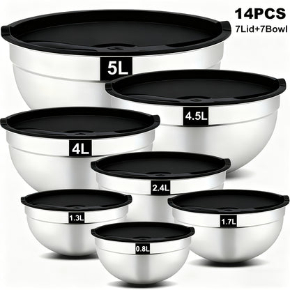 Mixing Bowl with Airtight Lid, Set Of 14 Stainless Steel Bowls (7 Bowls And 7 Lids), Sizes 4.5, 4, 3.5, 2.1, 1.5, 0.7QT, Perfect for Mixing And Serving, Stainless Steel Bowl Set, Stainless Steel Basin Set, Kitchen Utensils. Tableware.