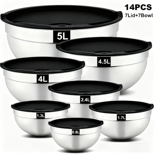 Mixing Bowl with Airtight Lid, Set Of 14 Stainless Steel Bowls (7 Bowls And 7 Lids), Sizes 4.5, 4, 3.5, 2.1, 1.5, 0.7QT, Perfect for Mixing And Serving, Stainless Steel Bowl Set, Stainless Steel Basin Set, Kitchen Utensils. Tableware.