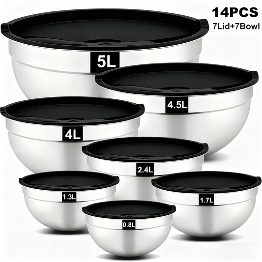 Stainless Steel Mixing Bowls with Airtight Lids Set of 14 Seven Nesting Bowls 0.7 to 4.5QT for Mixing Serving Salad Food Prep Kitchen Storage