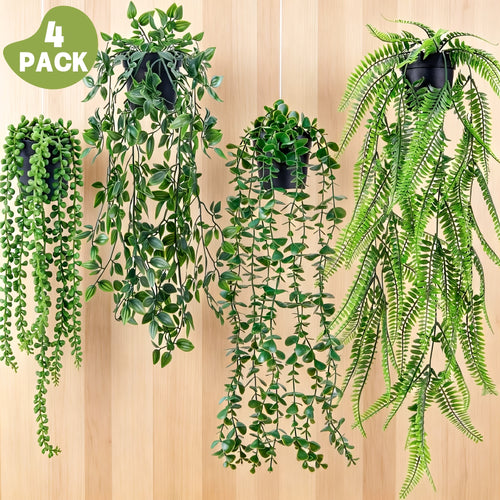 Artificial Hanging Plants 4 Pack – Fake Trailing Vines for Indoor Outdoor Wall Shelf Room Decor, Realistic Faux Rose Greenery Hanging Basket Decoration